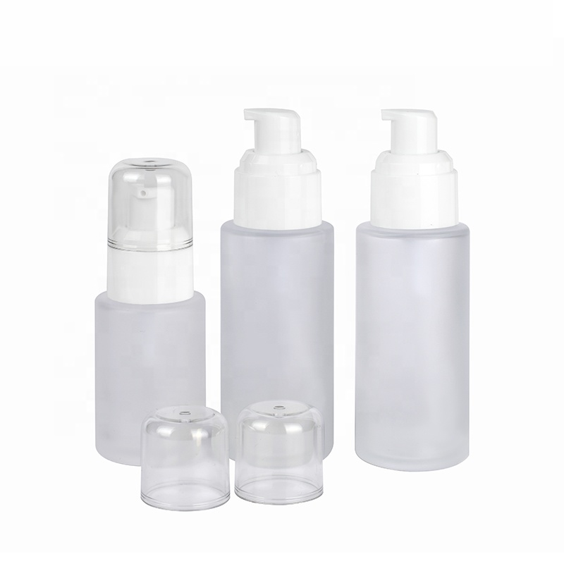 Cosmetic Packaging 20ml 30ml 50ml 100ml 120ml empty serum frosted clear flat shoulder glass bottle with plastic pump lotion cap