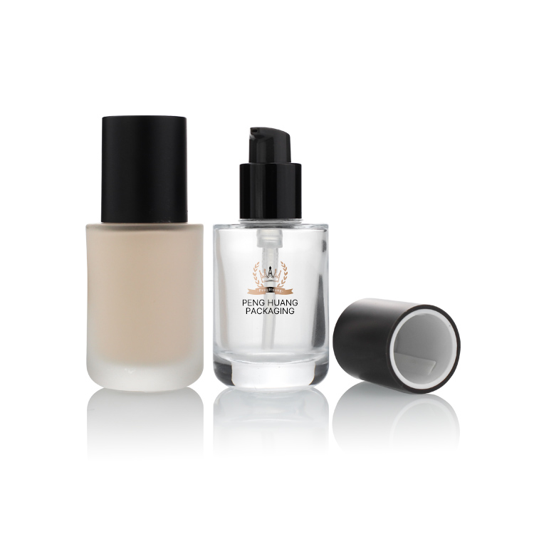 Cosmetic Packaging 30ml Frosted Round Foundation Lotion Glass Bottle With Pump Cap