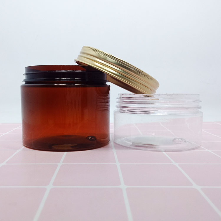 Cosmetic Packaging 50g 100g 150g 200g Clear and amber  PET Plastic Cream Jar with  gold aluminum  Lid