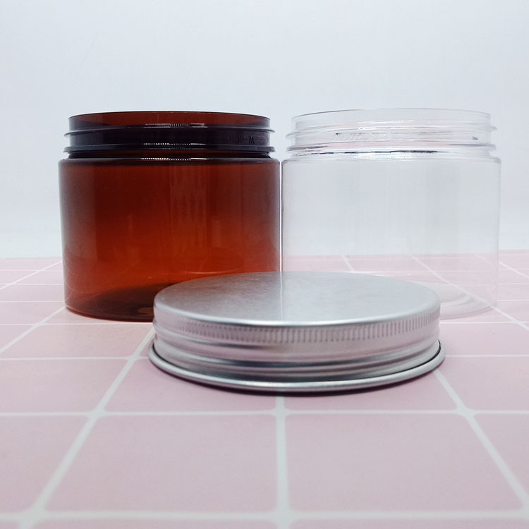 Cosmetic Packaging 50g 100g 150g 200g Clear and amber PET Plastic Cream Jar with gold aluminum Lid