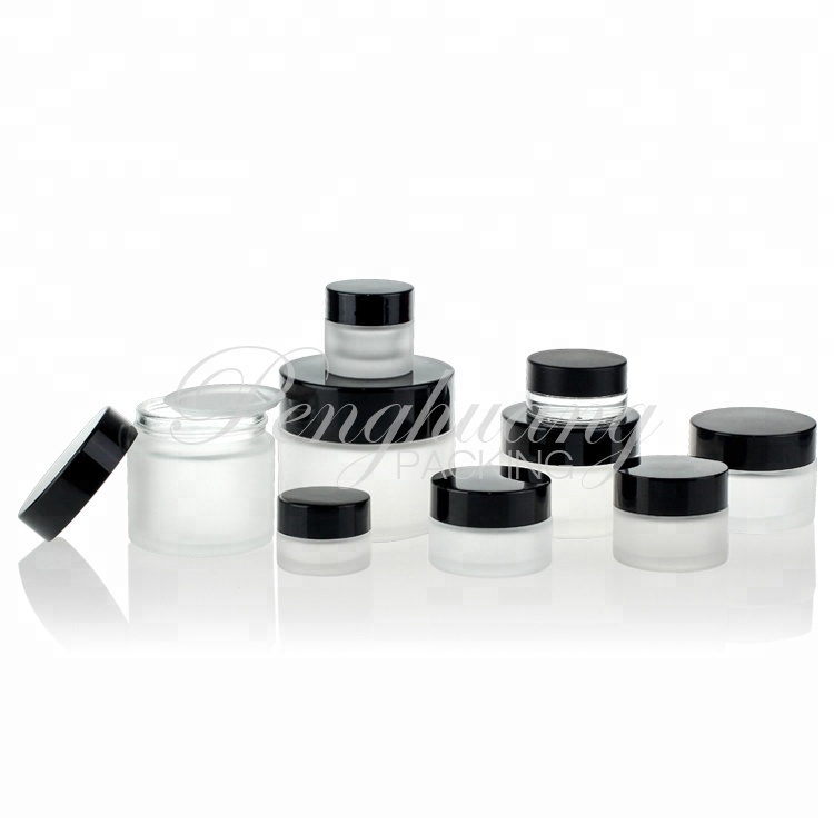 Cosmetic Packaging 5g 10g 20g 30g 50g 100g Frosted Glass Cream Jar with Black Lid