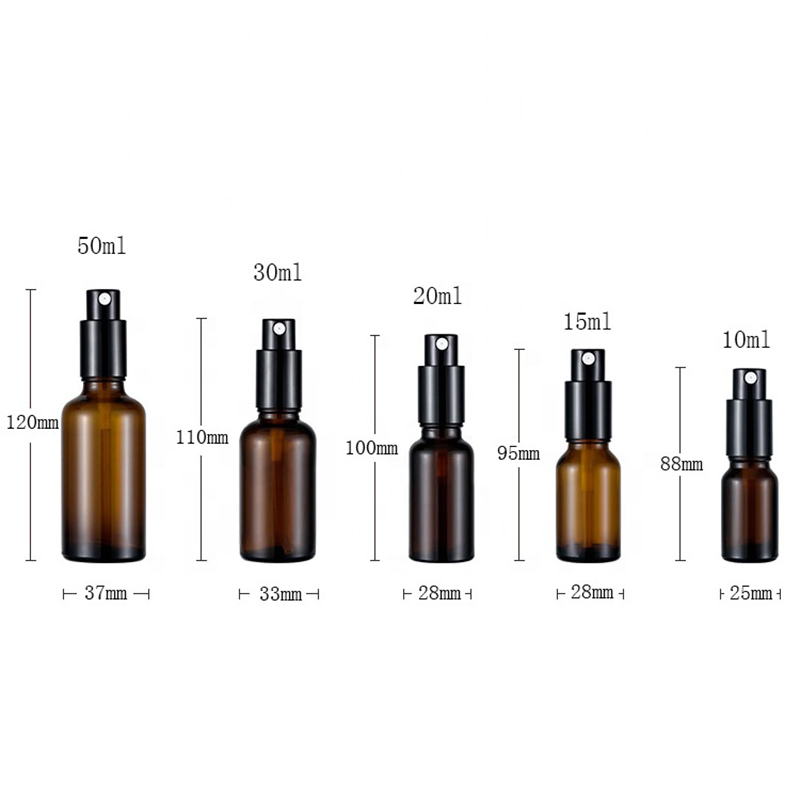 Cosmetic Packaging 5ml 10ml 15ml 20ml 30ml 50ml Essential Oil Refillable Amber Glass Spray Bottle with Black Spray Pump Cap