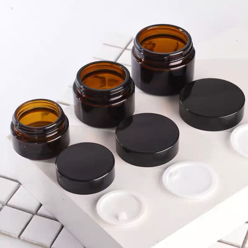 Cosmetic Packaging Amber Glass Cream Jar With Black Plastic Screw Cap
