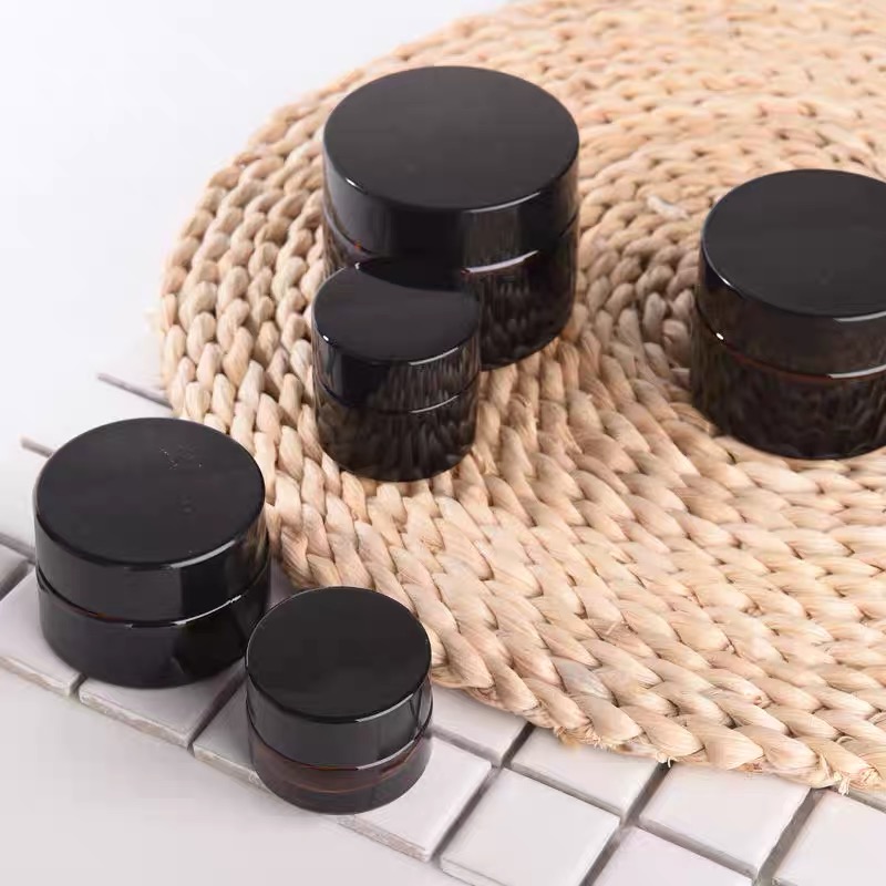 Cosmetic Packaging Amber Glass Cream Jar With Black Plastic Screw Cap