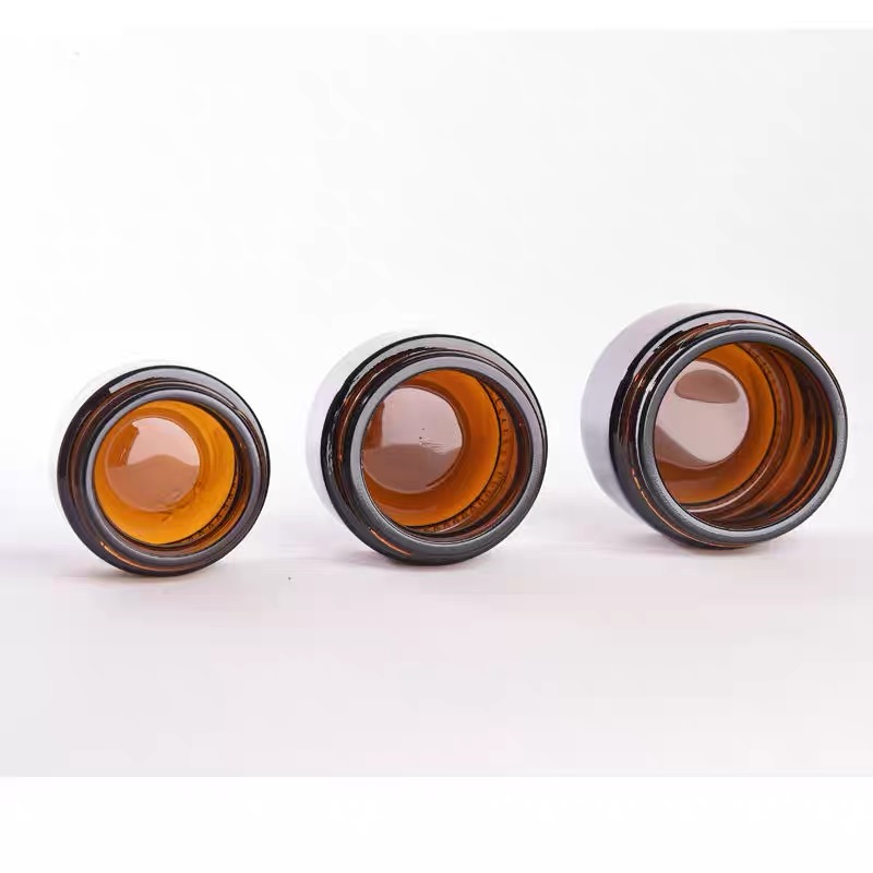 Cosmetic Packaging Amber Glass Cream Jar With Black Plastic Screw Cap