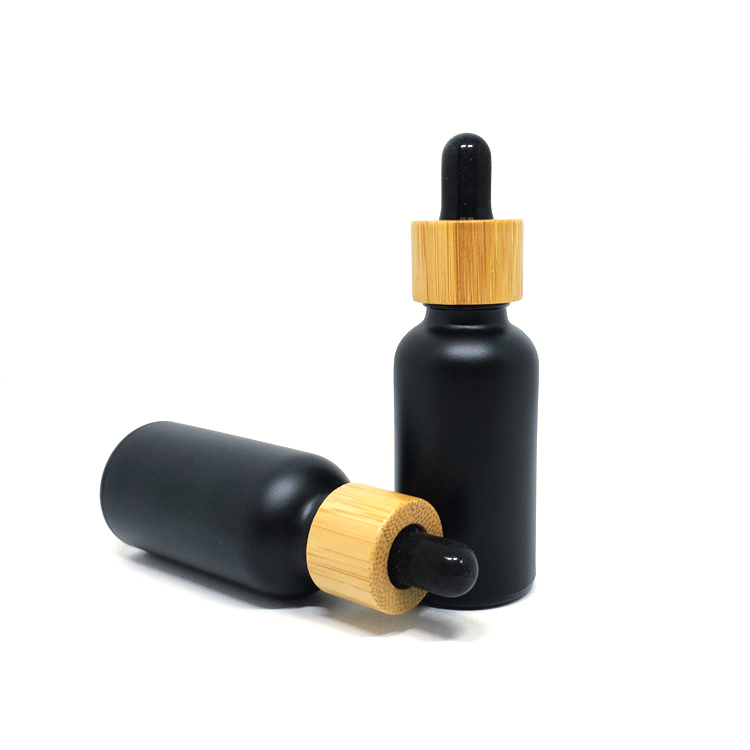 Cosmetic Packing Essential Oil 30ml Matte Black Glass Bamboo Dropper Bottle
