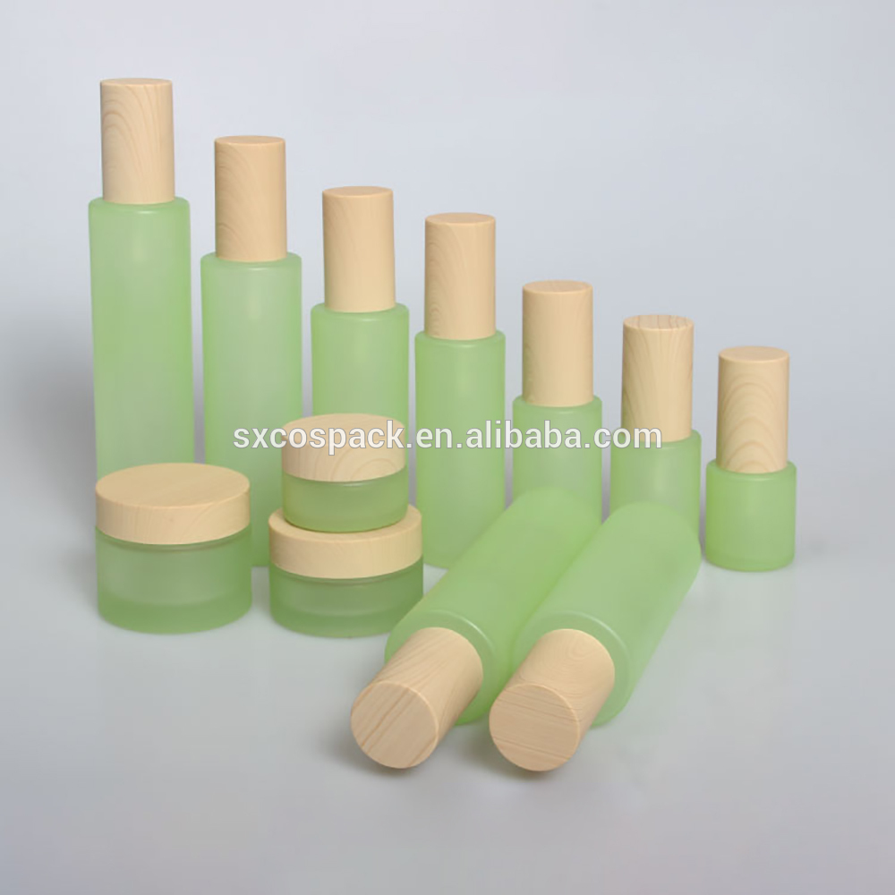 Cosmetic Set Frosted Clear Green Blue White Glass Spray Bottle, Glass Pump Bottle With Grained Lid