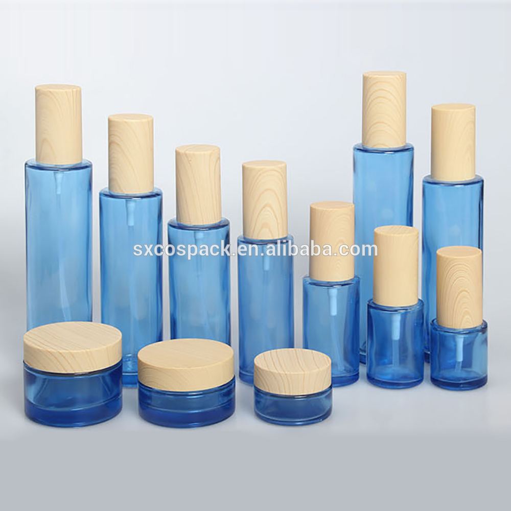 Cosmetic Set Frosted Clear Green Blue White Glass Spray Bottle, Glass Pump Bottle With Grained Lid