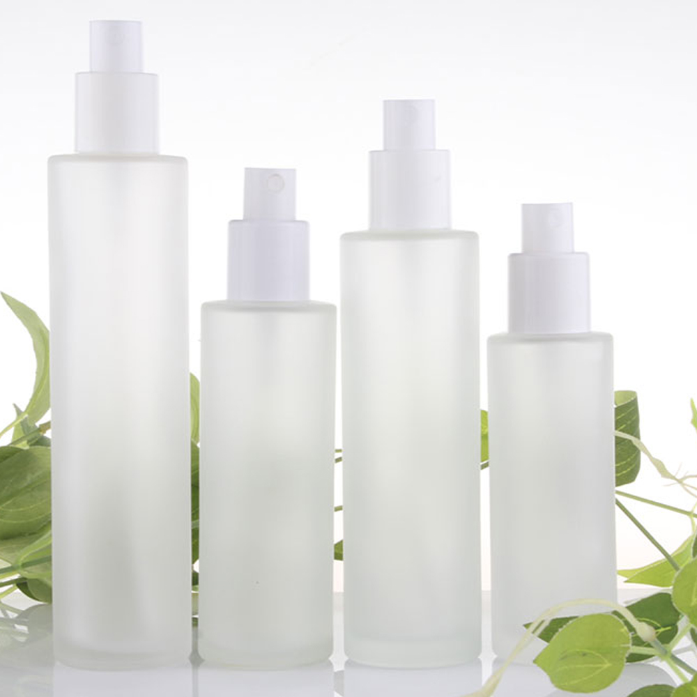 Cosmetic Set Frosted Clear Green Blue White Glass Spray Bottle, Glass Pump Bottle With Grained Lid