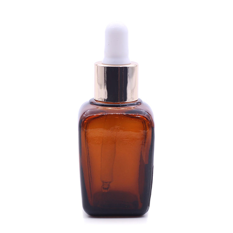 Cosmetic Use 35ml Fancy Amber Square Glass Cosmetic Serum Dropper Bottle