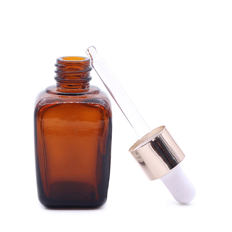 Cosmetic Use 35ml Fancy Amber Square Glass Cosmetic Serum Dropper Bottle