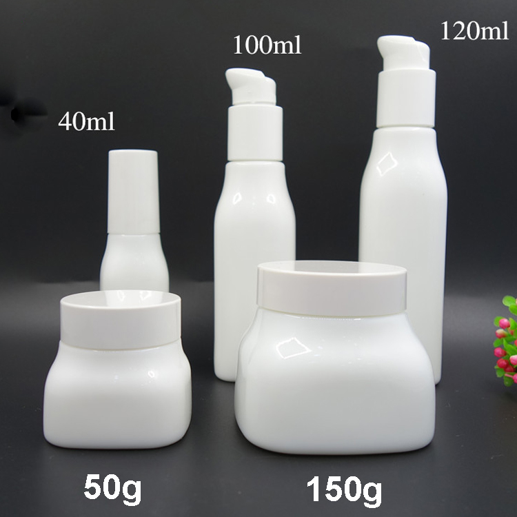 Cosmetic White Porcelain Bottle with pump 120ml 100ml 40ml and Opal Glass Cream jar Set 50g 150g