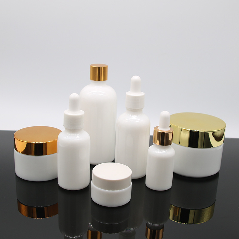 Cosmetic White Porcelain Bottle with pump Opal Glass Cream jar Set 50g 100g