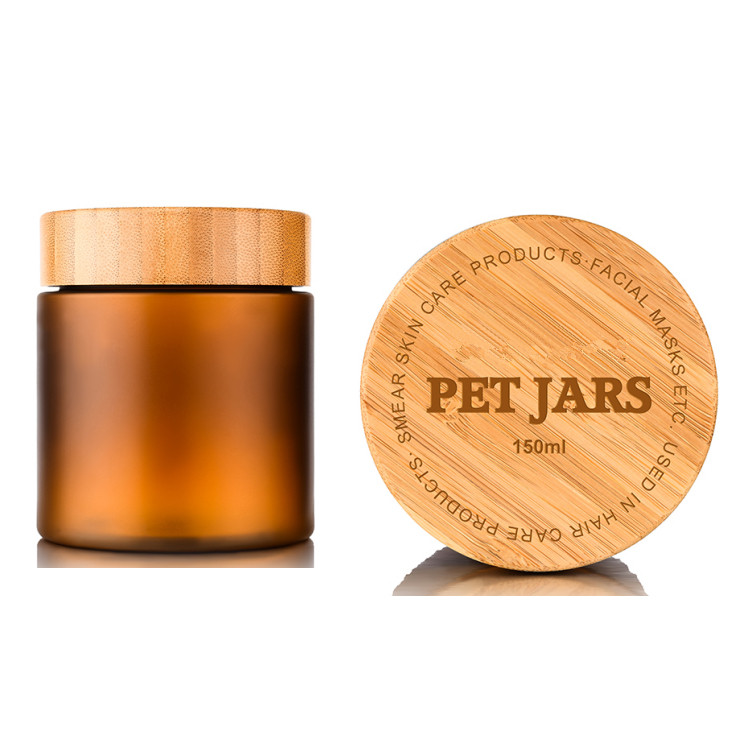Cosmetic Wide mouth food grade  container 150ml  250ml  frosted clear amber pet plastic cream jar with bamboo lid