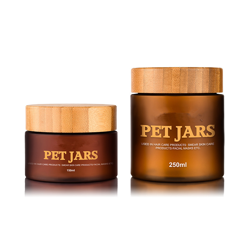Cosmetic Wide mouth food grade container 150ml 250ml frosted clear amber pet plastic cream jar with bamboo lid