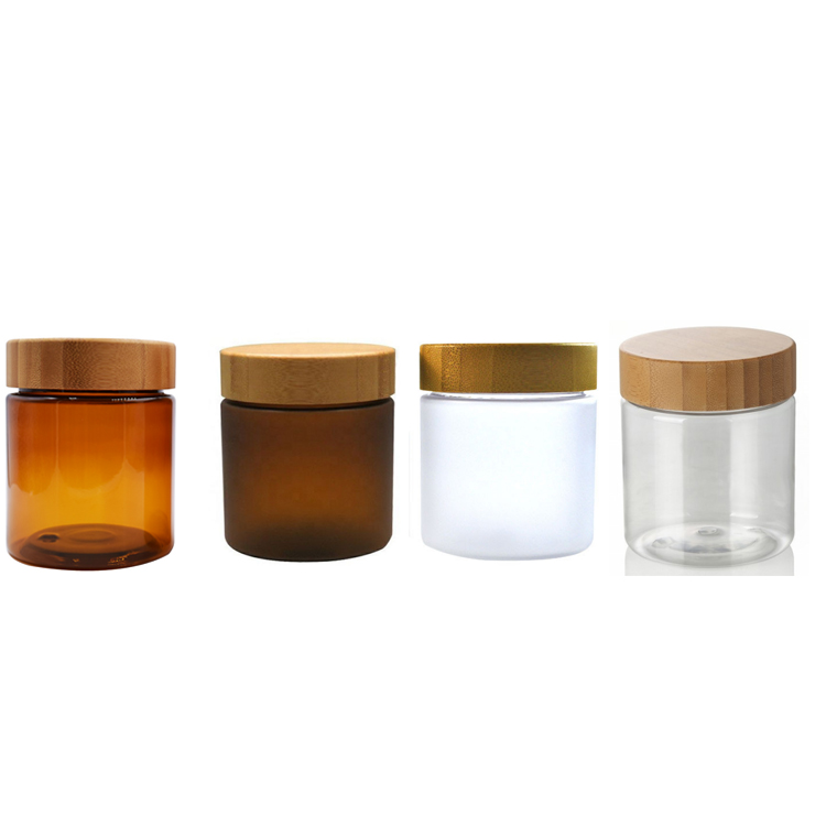 Cosmetic Wide mouth food grade container 150ml 250ml frosted clear amber pet plastic cream jar with bamboo lid