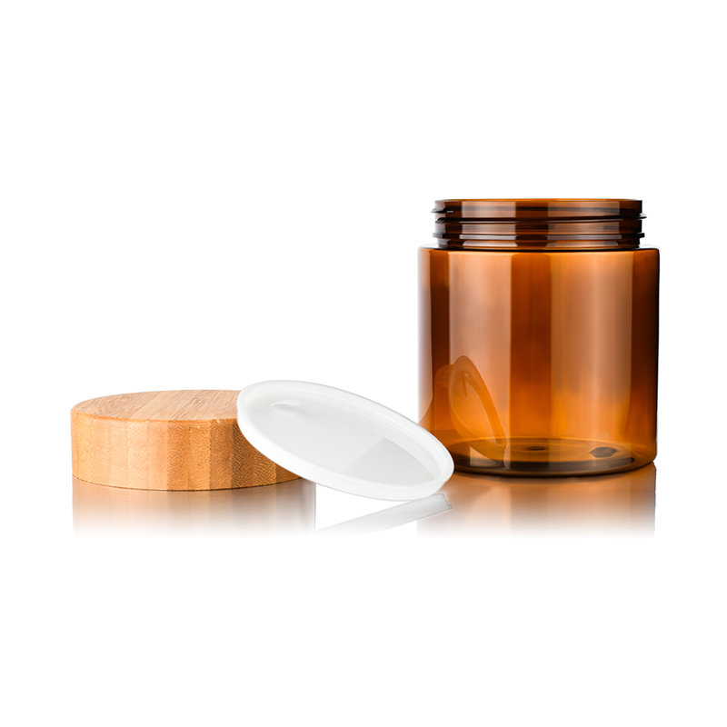 Cosmetic Wide mouth food grade container 150ml 250ml frosted clear amber pet plastic cream jar with bamboo lid
