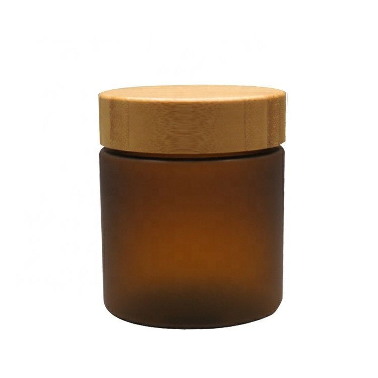 Cosmetic Wide mouth food grade container 250ml frosted clear amber pet plastic cream jar with bamboo lid