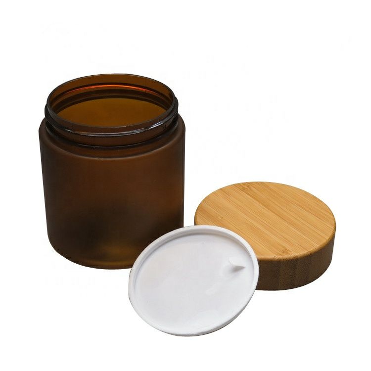 Cosmetic Wide mouth food grade container 250ml frosted clear amber pet plastic cream jar with bamboo lid