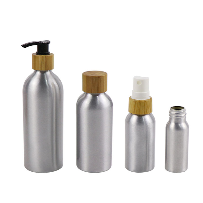Cosmetic aluminum bottle with bamboo pump sprayer aluminum lotion bottle sliver aluminum bottle 150ml 200ml