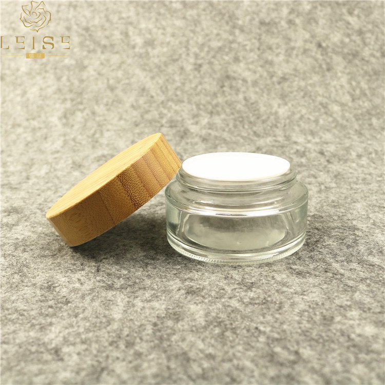 Cosmetic clear glass jar with bamboo lid wooden cap 1.7oz 50g 50ml glass cream clear jar with bamboo top ready for ship RTS