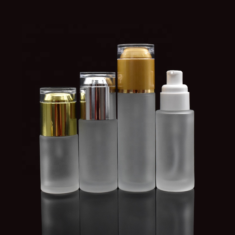 Cosmetic container 20ml 30ml 40ml 50ml 60ml 80ml frosted flat shoulder glass bottle with pump lotion cap for essential oil