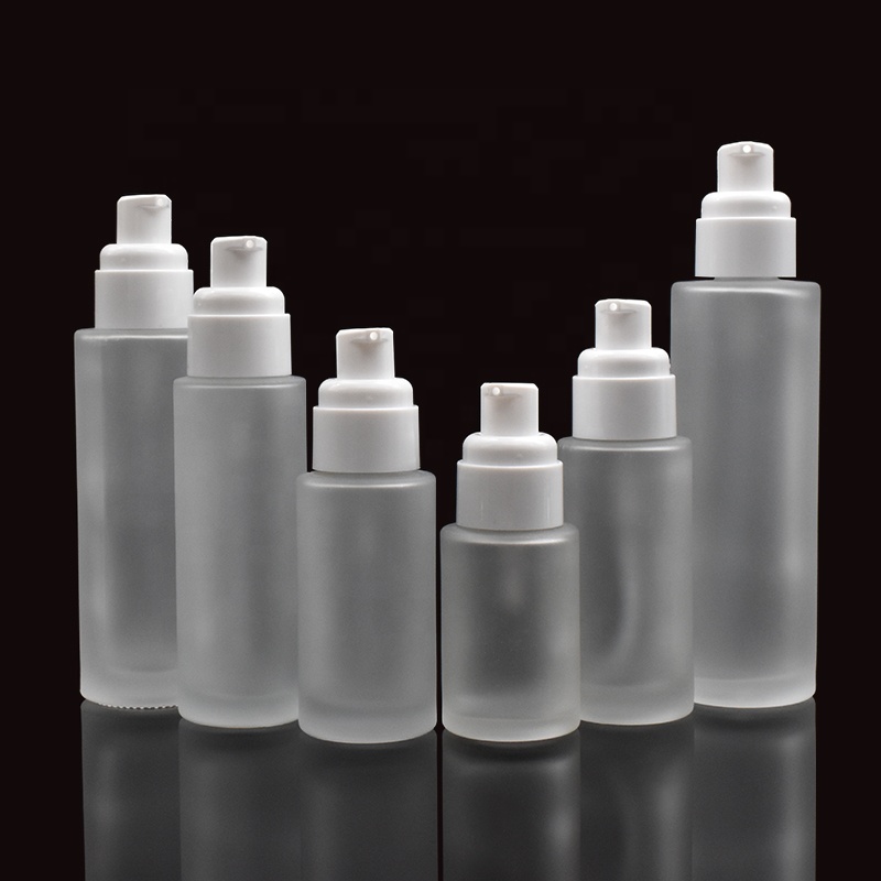 Cosmetic container 20ml 30ml 40ml 50ml 60ml 80ml frosted flat shoulder glass bottle with pump lotion cap for essential oil