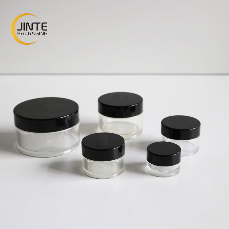 Cosmetic container PETG plastic clear jar with black lid turquoise lid