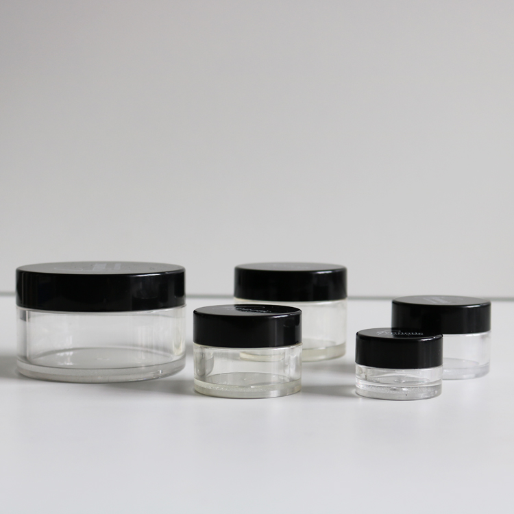 Cosmetic container PETG plastic clear jar with black lid turquoise lid