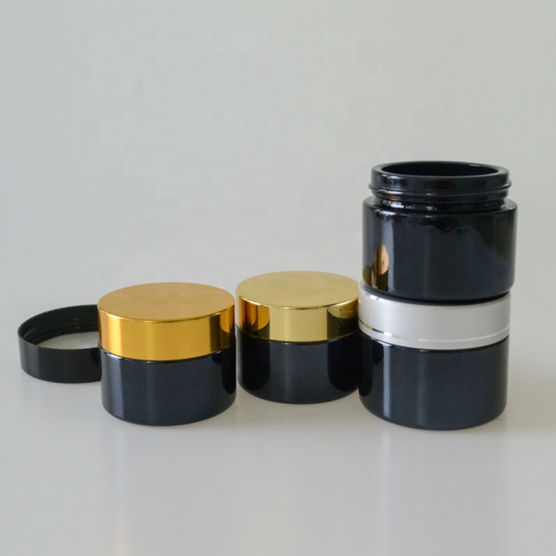 Cosmetic container black 15g 20g 30g 50g glass jar with aluminum gold silver lid