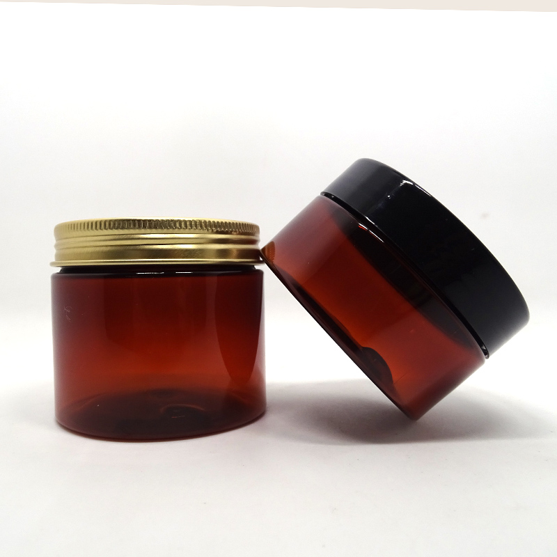 Cosmetic container frosted brown 250 gram plastic jar with gold lid