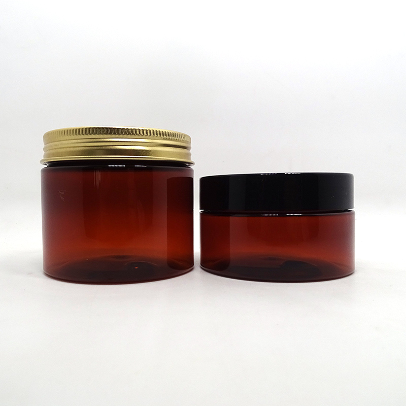Cosmetic container frosted brown 250 gram plastic jar with gold lid