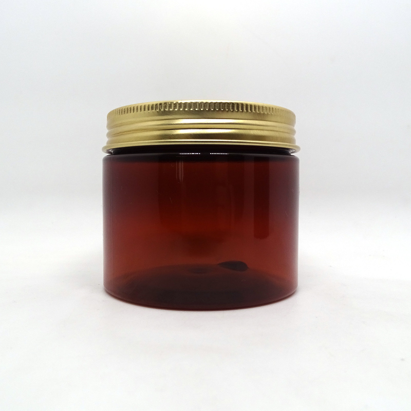 Cosmetic container frosted brown 250 gram plastic jar with gold lid