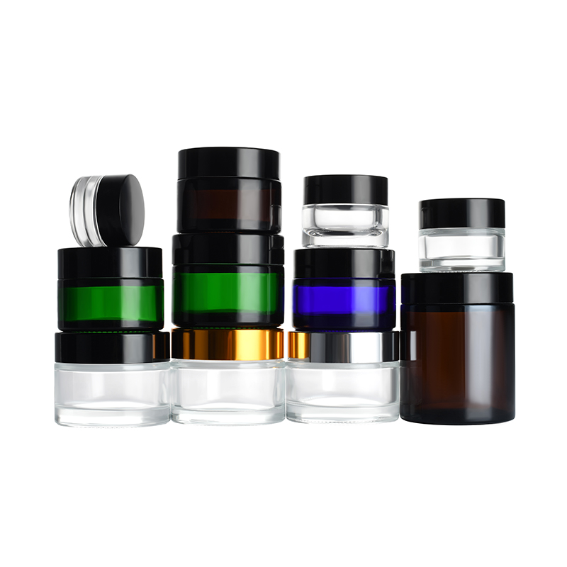 Cosmetic cream jar 1oz 2oz 3oz clear green blue amber glass jar with gold sliver black cap