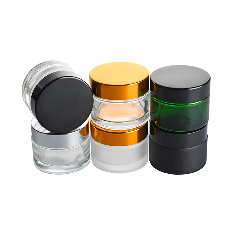Cosmetic cream jar 1oz 2oz 3oz clear green blue amber glass jar with gold sliver black cap