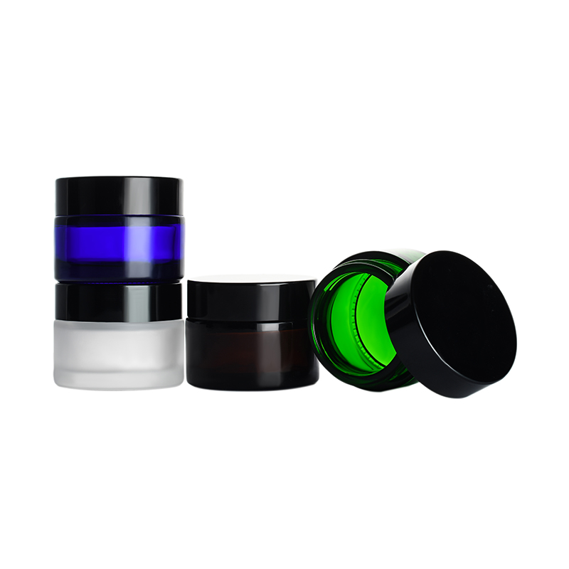 Cosmetic cream jar 1oz 2oz 3oz clear green blue amber glass jar with gold sliver black cap