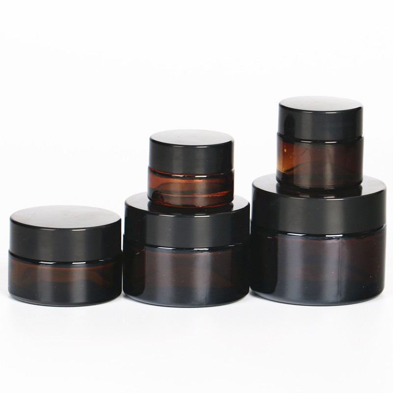 Cosmetic cream jars 5g 10g 15g 20g 30g 50g 100g 1oz 2oz amber glass jar with gold silver black cap storage botal and jar