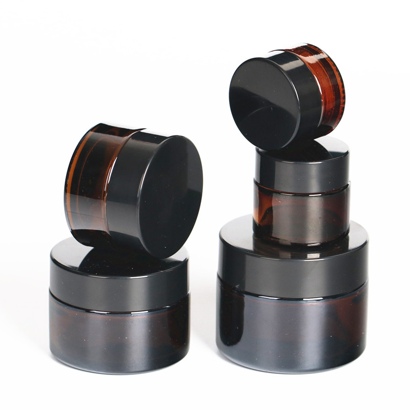 Cosmetic cream jars 5g 10g 15g 20g 30g 50g 100g 1oz 2oz amber glass jar with gold silver black cap