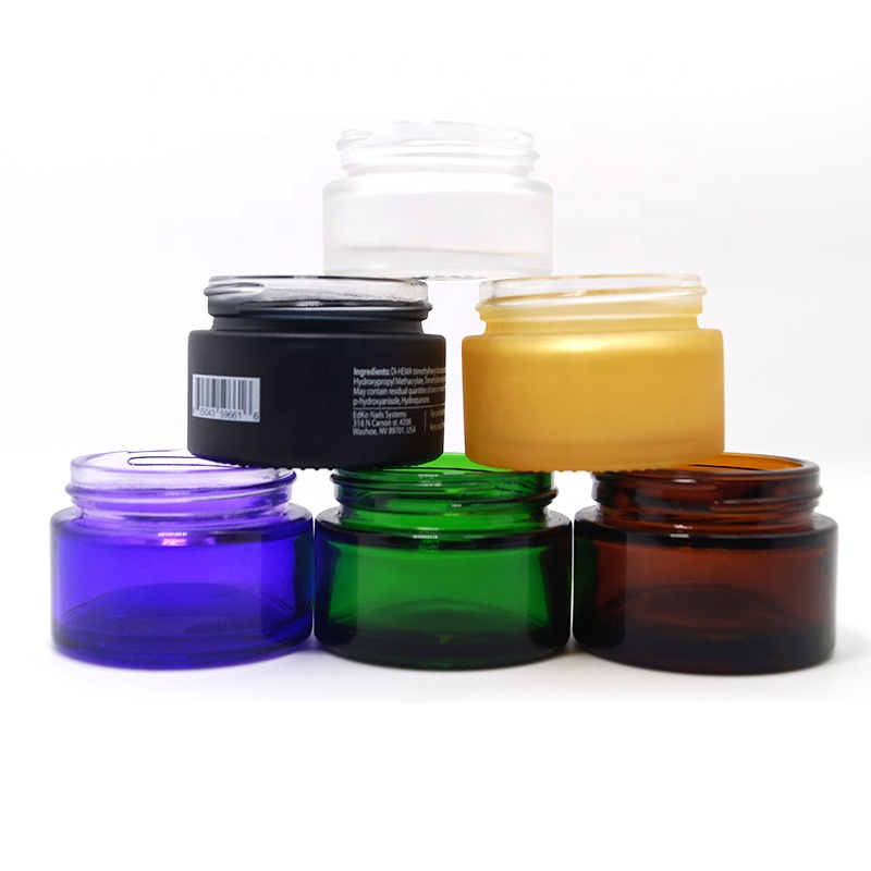 Cosmetic cream jars 5g 10g 15g 20g 30g 50g 60g 100g 1oz 2oz clear green purple blue amber glass jar with gold silver black cap