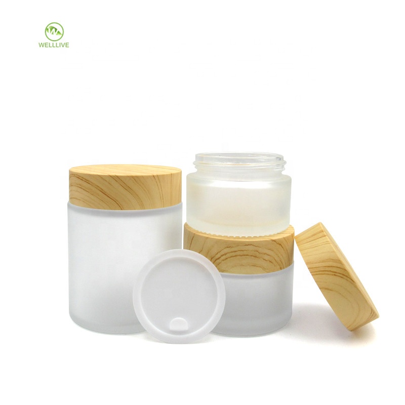 Cosmetic cream packaging 30g 50g 100g frosted transparent glass jar with wood grain lid