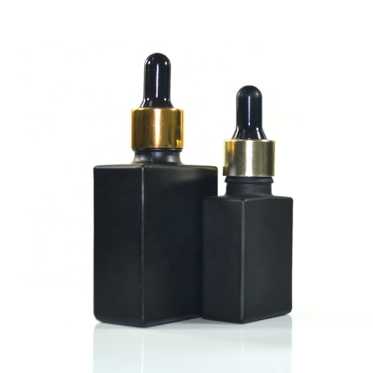 Cosmetic essential oil 15ml 30ml 50ml 100ml matte black frosted rectangle glass dropper bottle
