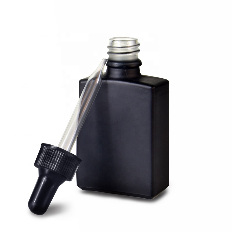 Cosmetic essential oil 15ml 30ml 50ml 100ml matte black frosted rectangle glass dropper bottle