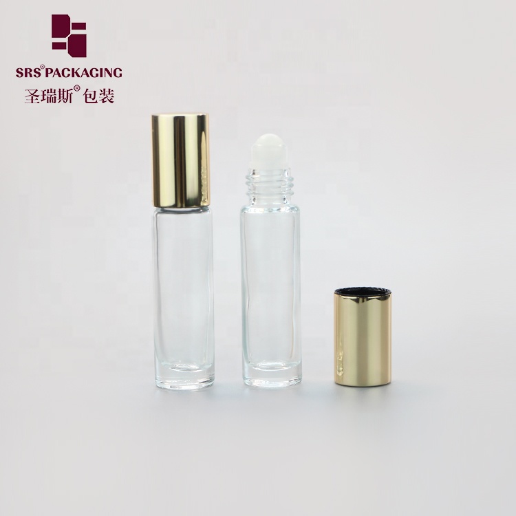 Cosmetic essential oil clear color mini 10ml glass roller bottle with gold cap