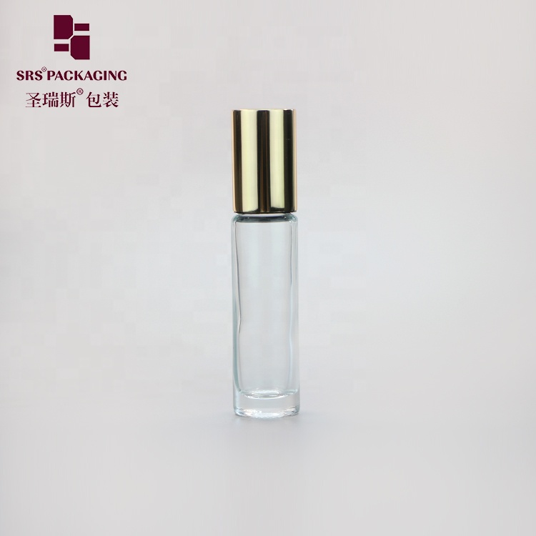 Cosmetic essential oil clear color mini 10ml glass roller bottle with gold cap