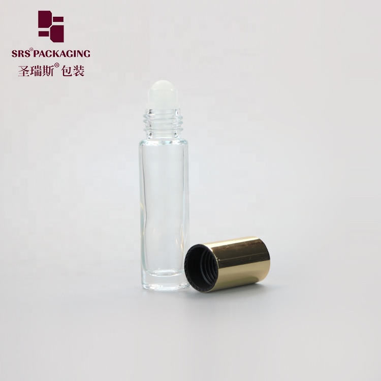 Cosmetic essential oil clear color mini 10ml glass roller bottle with gold cap