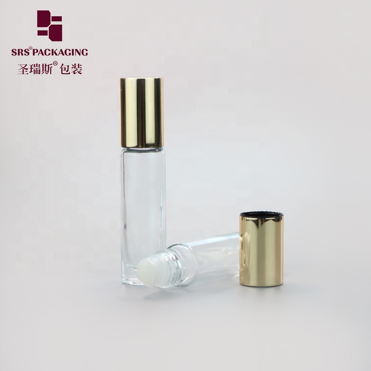Cosmetic essential oil clear color mini 10ml glass roller bottle with gold cap