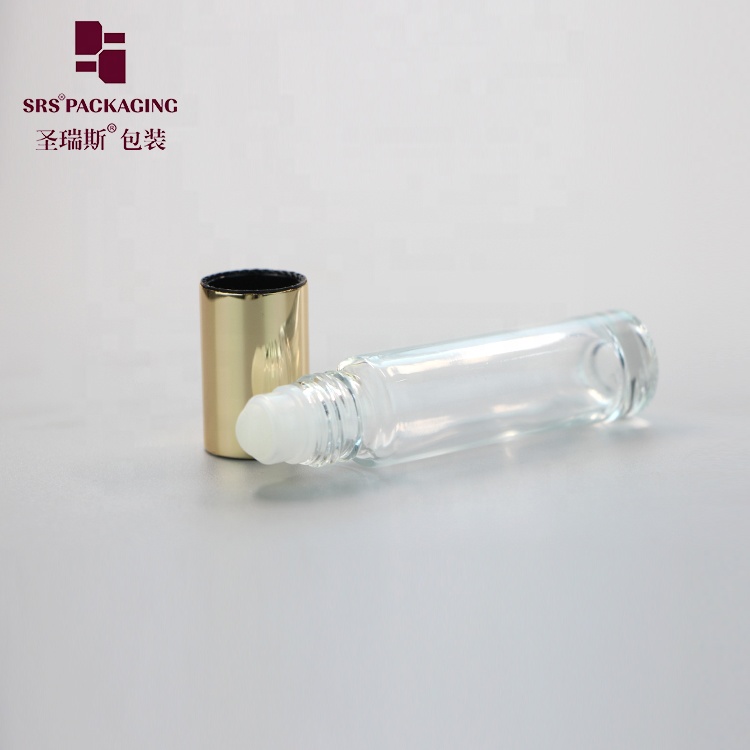 Cosmetic essential oil clear color mini 10ml glass roller bottle with gold cap