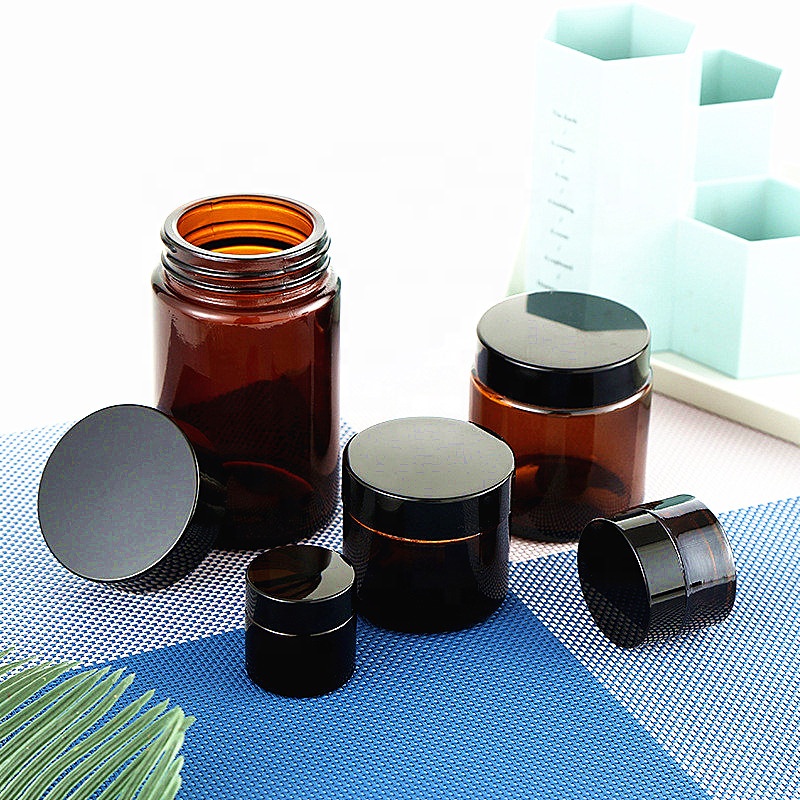 Cosmetic face cream skin care amber glass jars 9oz black lid 50ml cream jars