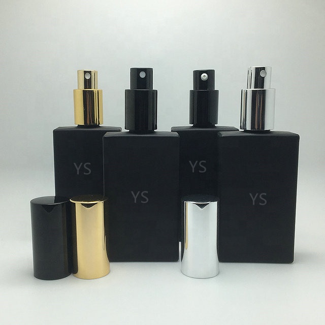 Cosmetic flat square matte black 30ml 50ml 100ml refillable glass perfume spray bottle