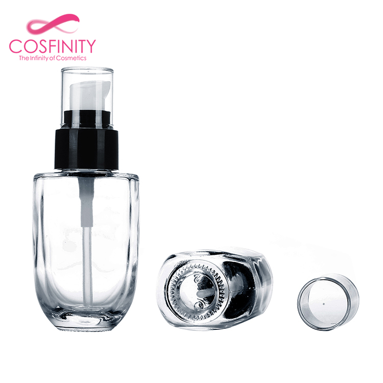 Cosmetic foundation spray bottle, 30ml glass liquid empty foundation bottle with black pump for lotion foundation